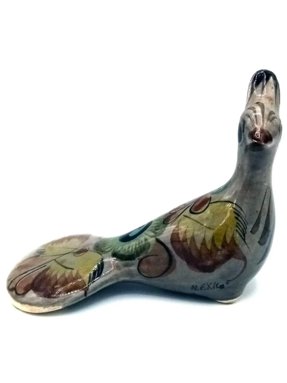 Vintage Mexican Pottery Bird Tonala Style Hand Painted Floral Folk Art Mexico